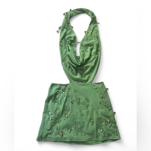 Cult Gaia Issey Cowl Neck Glass Beaded Mini Dress Calla Lily Green Size Medium - Picture 3 of 8